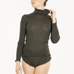 Model wearing Star' Brown Long-Sleeved Turtleneck, by Boglietti (front view).
