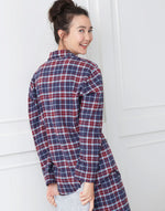 Model wearing Women's Brushed Cotton Arran Tartan Pyjama Set, by British Boxers (back view).