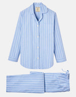 Women's Brushed Cotton Westwood Blue Stripe Pyjama Set, by British Boxers (pack shot, front).