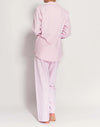 Model wearing Women's Brushed Cotton Westwood Pink Stripe Pyjama Set, by British Boxers (back view).