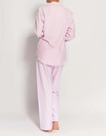 Model wearing Women's Brushed Cotton Westwood Pink Stripe Pyjama Set, by British Boxers (back view).