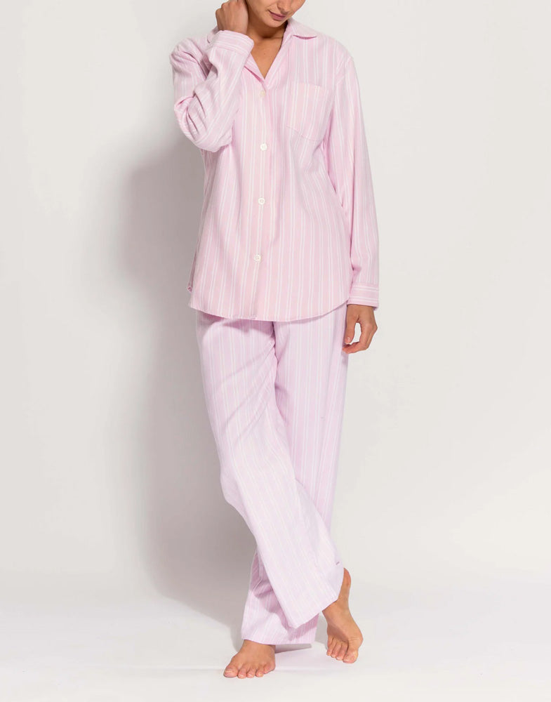 Model wearing Women's Brushed Cotton Westwood Pink Stripe Pyjama Set, by British Boxers.