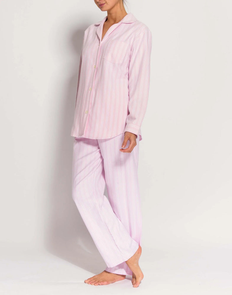 Model wearing Women's Brushed Cotton Westwood Pink Stripe Pyjama Set, by British Boxers (side view).