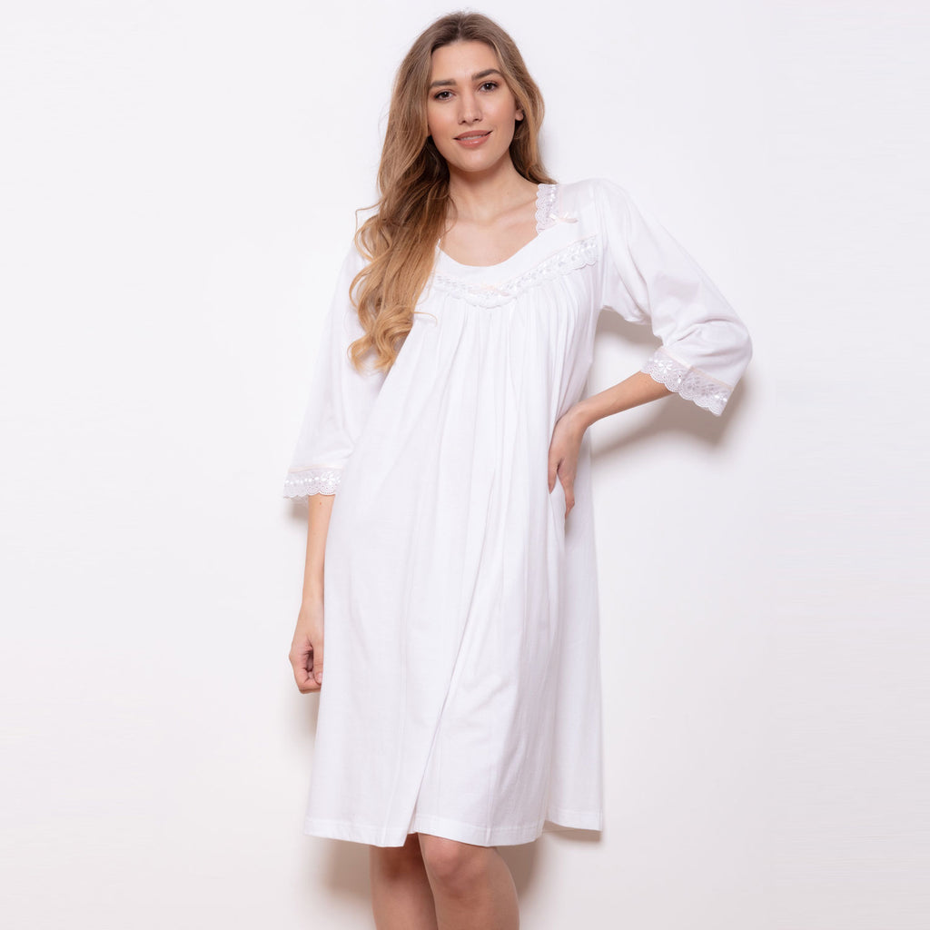 Model wearing 'Ade' Cotton Jersey Mid-Sleeve Nightdress in White, by Cottonreal.