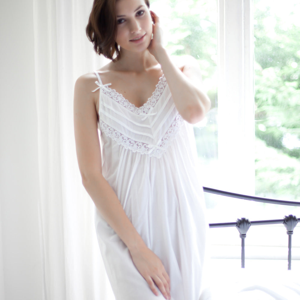 Model wearing 'Cai' Vicorian cotton Nightdress in White, by Cottonreal.