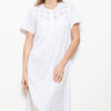 Model wearing 'Holly' Victorian Cotton Short Sleeve Nightdress in White, by Cottonreal.