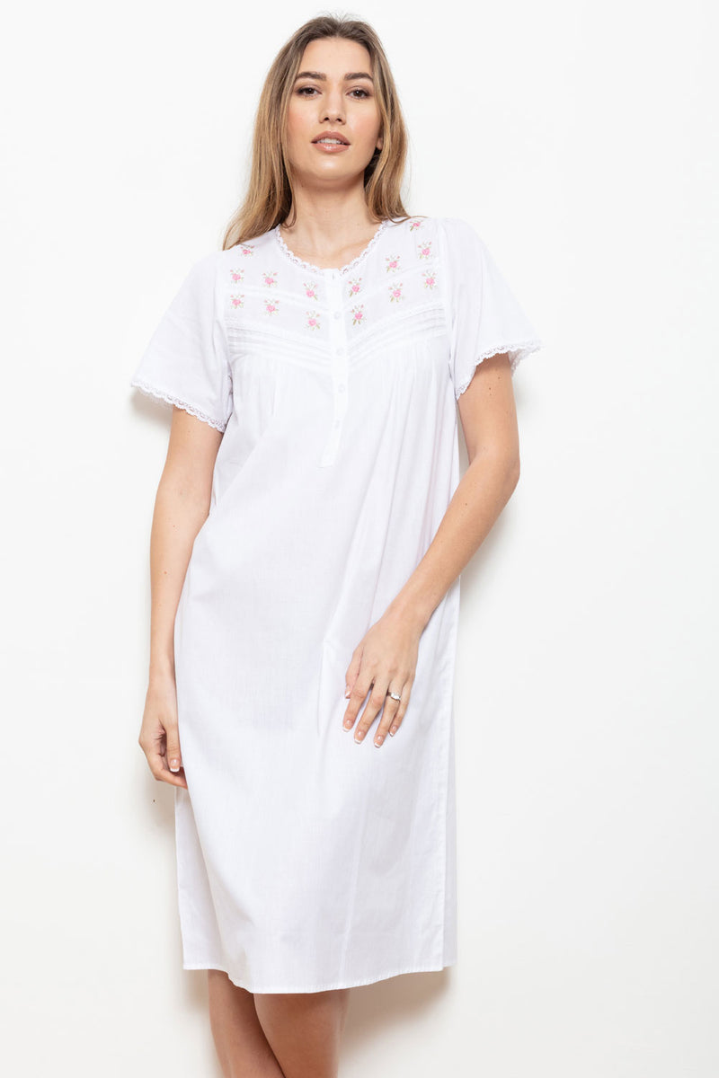 Model wearing 'Holly' Victorian Cotton Short Sleeve Nightdress in White, by Cottonreal.