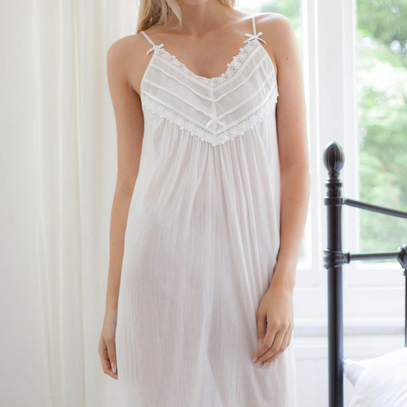 Model wearing 'Rene' 100% Cotton Voile Strappy Nightdress in White, by Cottonreal.