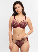 Model wearing 'Agathe' Amarante (Burgundy) Brief, by Empreinte (front view).