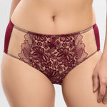 Model wearing 'Agathe' Amarante (Burgundy) Panty, by Empreinte (front view, close up).