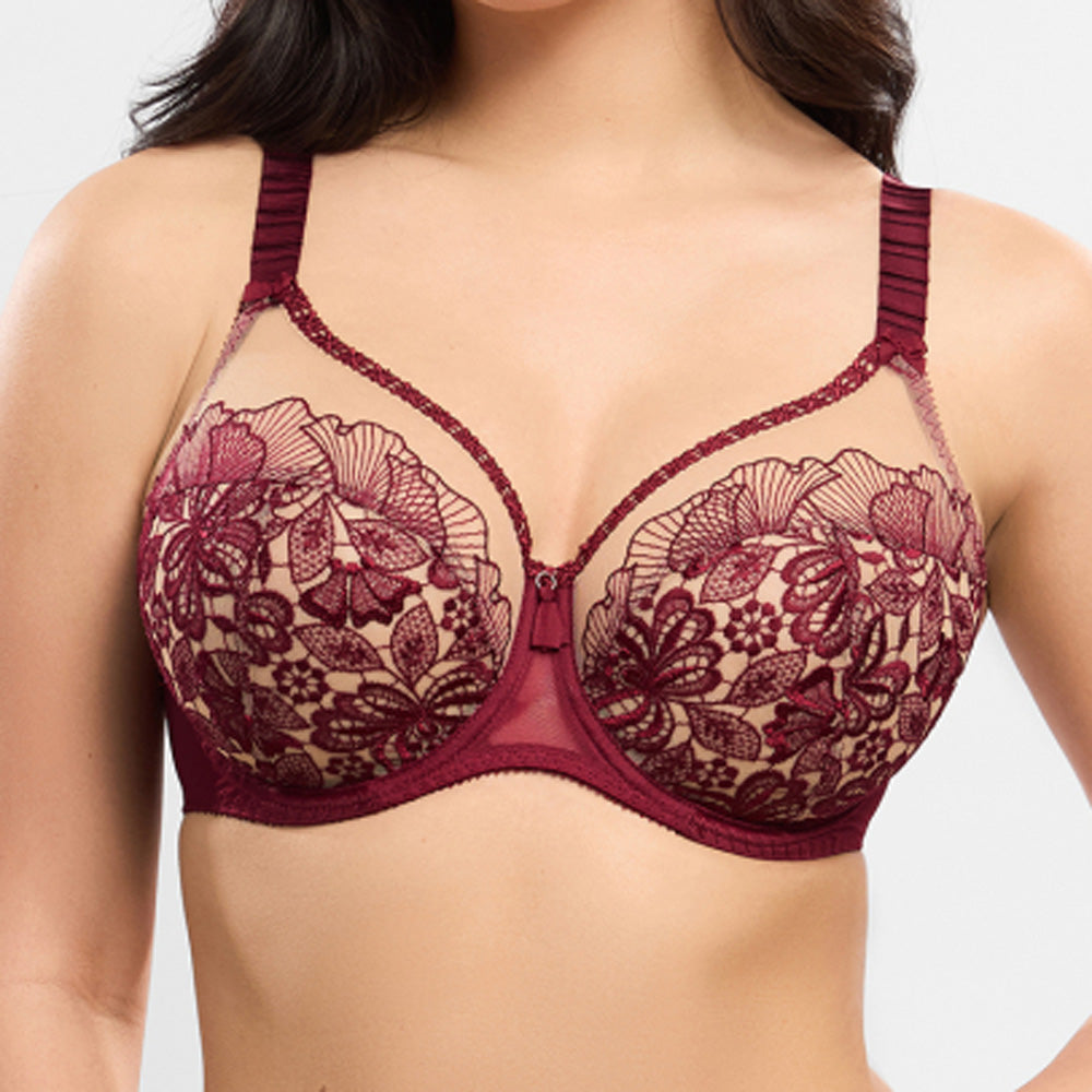 Model wearing 'Agathe' Amarante (Burgundy) Full Cup Bra, by Empreinte (front view, close up).