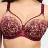 Model wearing 'Agathe' Amarante (Burgundy) Full Cup Bra, by Empreinte (front view, close up).