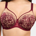 Model wearing 'Agathe' Amarante (Burgundy) Full Cup Bra, by Empreinte (front view, close up).
