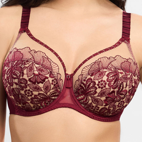 Model wearing 'Agathe' Amarante (Burgundy) Full Cup Bra, by Empreinte (front view, close up).