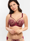 Model wearing 'Agathe' Amarante (Burgundy) Full Cup Bra, by Empreinte (front view).
