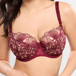 Model wearing Empreinte 'Agathe' (Burgundy) Low-Necked Bra, by Amarante (front view, close up).