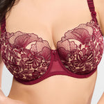 Model wearing Empreinte 'Agathe' (Burgundy) Low-Necked Bra, by Amarante (front view, close up).