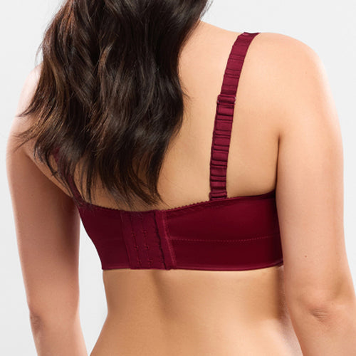 Model wearing 'Agathe' Amarante (Burgundy) Bustier, by Empreinte (back view, close up).