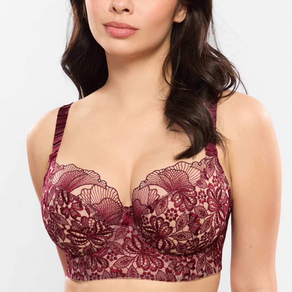 Model wearing 'Agathe' Amarante (Burgundy) Bustier, by Empreinte (front view, close up).
