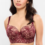Model wearing 'Agathe' Amarante (Burgundy) Bustier, by Empreinte (front view, close up).