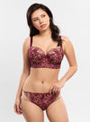 Model wearing 'Agathe' Amarante (Burgundy) Bustier, by Empreinte (front view).