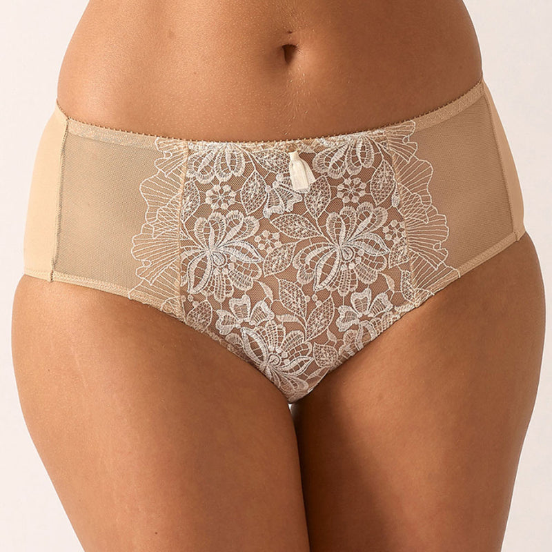 Model wearing 'Agathe' Ivoire (Beige) Panty/High Waisted Brief, by Empreinte.