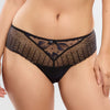 Model wearing 'Amour' Black Thong, by Empreinte (front view, close up).
