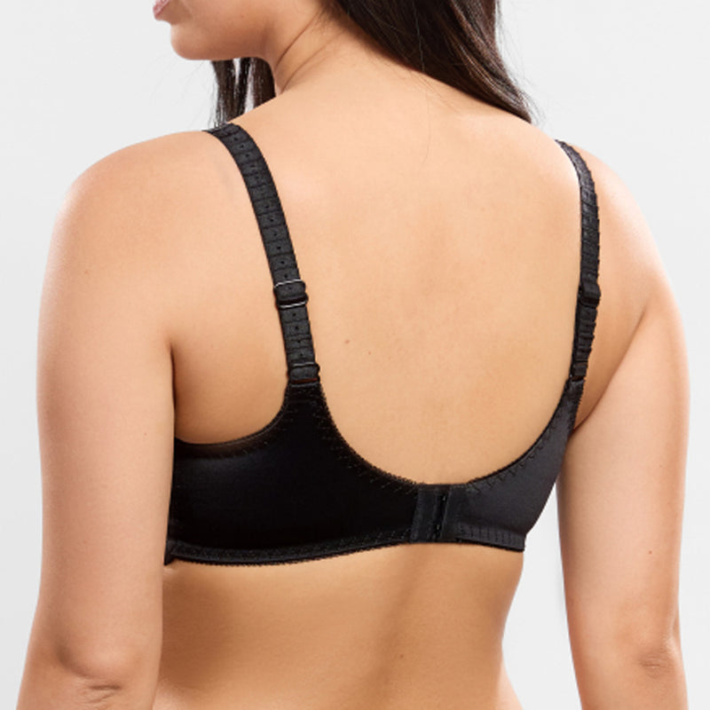 Model wearing 'Amour' Black Seamless Full Cup Bra, by Empreinte (back view, close up).