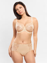 Model wearing 'Amour' Cream Seamless Full Cup Bra, by Empreinte (front view).