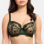 Model wearing 'Anouk' Emerald Green Low-Necked Bra, by Empreinte (front view, close up).
