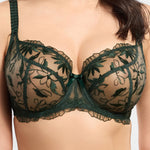 Model wearing 'Anouk' Emerald Green Low-Necked Bra, by Empreinte (front view, close up).