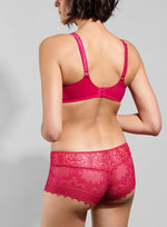 Model wearing 'Cassiopée' Lipstick (Cerise) Seamless Full Cup Bra, by Empreinte (back view).