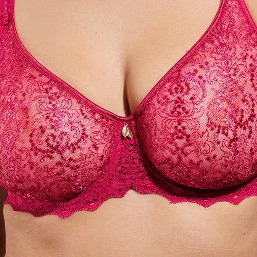 Model wearing 'Cassiopée' Lipstick (Cerise) Seamless Full Cup Bra, by Empreinte (front view, close-up).