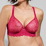 Model wearing 'Cassiopée' Lipstick (Cerise) Invisible Plunge Bra, by Empreinte (front view).