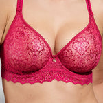 Model wearing 'Cassiopée' Lipstick (Cerise) Invisible Plunge Bra, by Empreinte (front view, close-up).