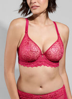 Model wearing 'Cassiopée' Lipstick (Cerise) Invisible Plunge Bra, by Empreinte (front view).