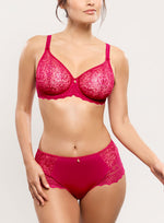 Model wearing 'Cassiopee' Lipstick (Cerise) Full Brief, by Empreinte (front view).