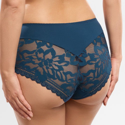 Model wearing 'Leia' Ocean Blue Panty, by Empreinte (back view, close up).