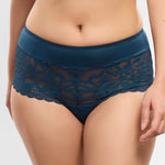 Model wearing 'Leia' Ocean Blue Panty, by Empreinte (front view, close up).