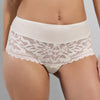 Model wearing 'Leia' Pale Cream Panty, by Empreinte (front view, close-up).