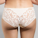 Model wearing 'Leia' Cream Shorty, by Empreinte (back view, close-up).