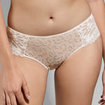 Model wearing 'Leia' Cream Shorty, by Empreinte (front view, close-up).