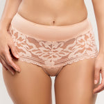 Model wearing 'Leia' Pale Pink Panty, by Empreinte (front view, close up).