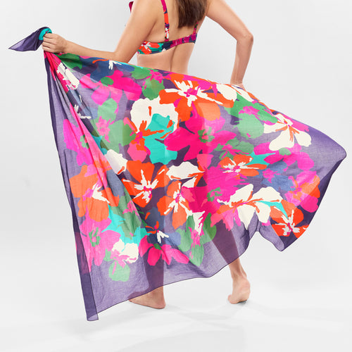 Model wearing 'Nectar' Multicolour Pareo, by Empreinte (back view).