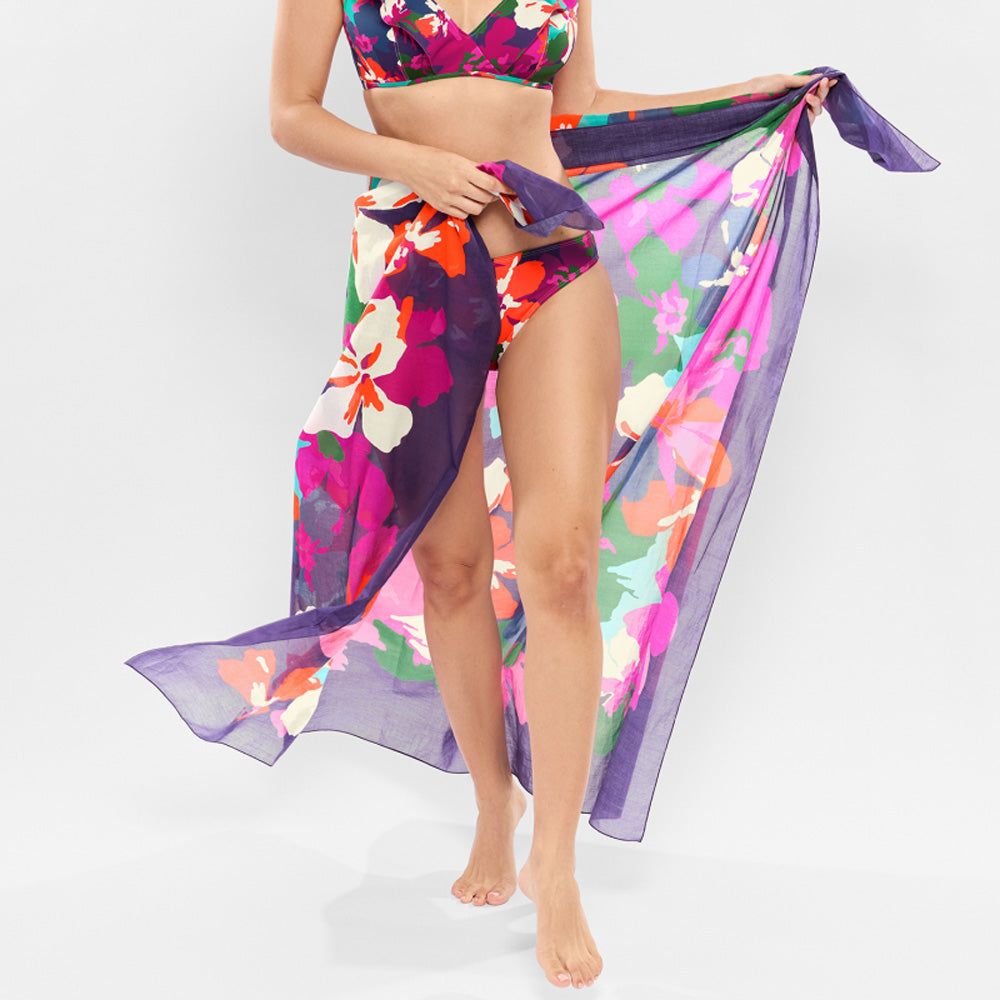 Model wearing 'Nectar' Multicolour Pareo, by Empreinte (front view).