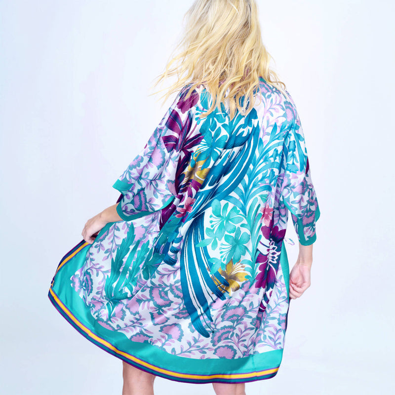 Model wearing Gottex 'Bali' Multicolour Beach Kimono (back view).