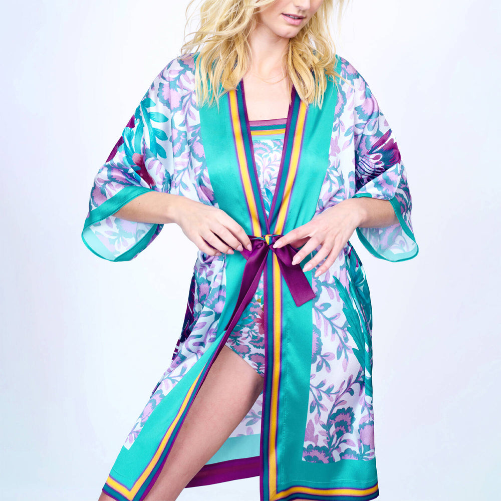 Model wearing Gottex 'Bali' Multicolour Beach Kimono (front view).