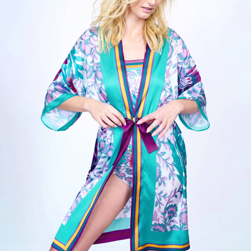 Model wearing Gottex 'Bali' Multicolour Beach Kimono (front view).