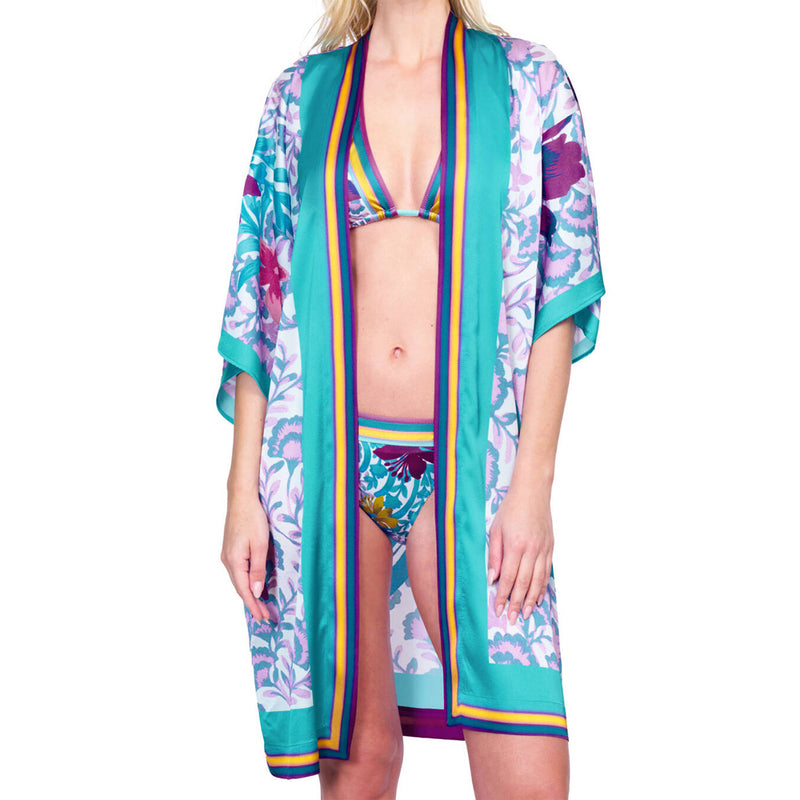 Model wearing Gottex 'Bali' Multicolour Beach Kimono (front view).