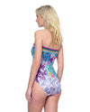 Model wearing 'Bali' Multicolour Bandeau/Strapless Swimsuit, by Gottex (back view).